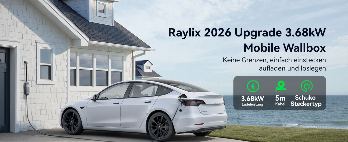 Raylix 2026 Neu 11kW Wallbox для електромобіля Typ 2 з кабелем 8-16A (3 фази), лічильником електроенергії, регулюванням струму та відтермінованим заряджанням + кабель CEE 16A - Typ 2 (5м)