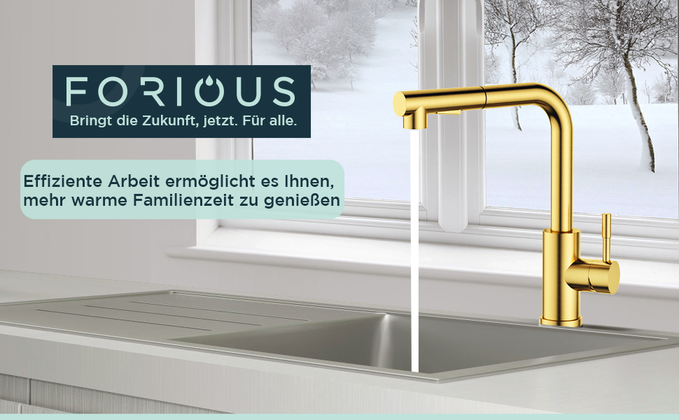Змішувач для кухні FORIOUS з висувною лійкою та душем, 360° обертання, 2 режими, матовий золотий