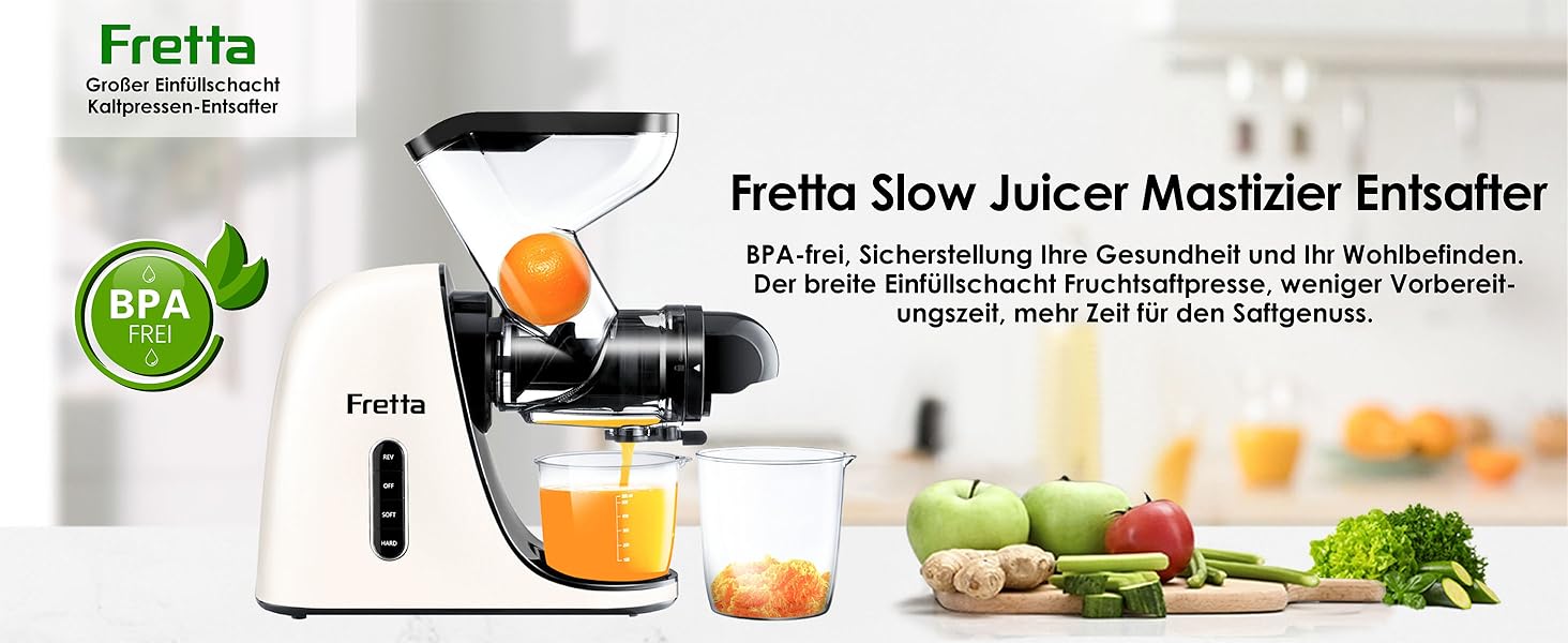 Електричний соковитискач Fretta Slow Juicer: холодний віджим, 76 мм, для овочів та фруктів, легке очищення