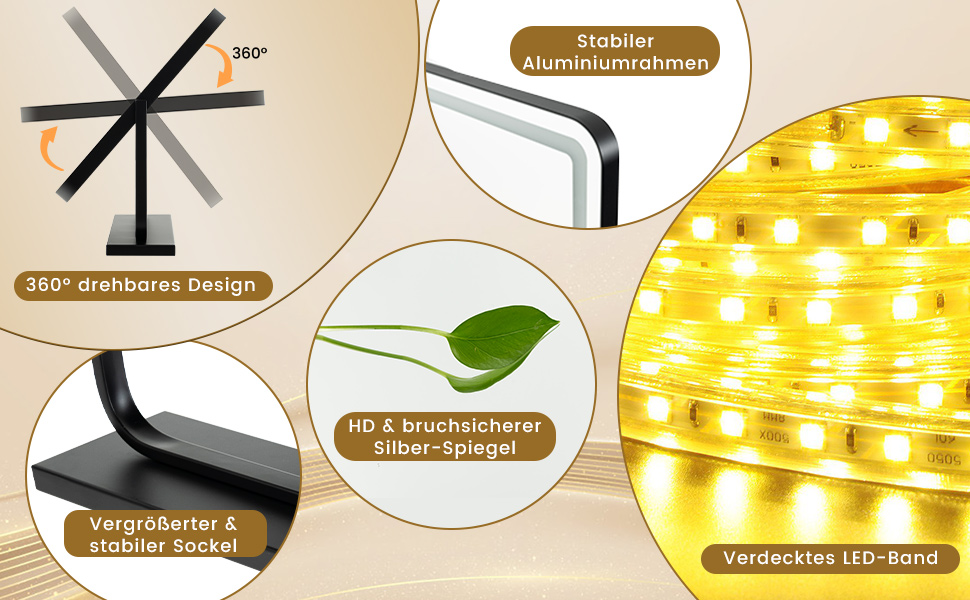Дзеркало для макіяжу COSTWAY з підсвіткою, 3 режими світла, 5X збільшення, сенсорне керування, поворотне на 360°, 56x48 см