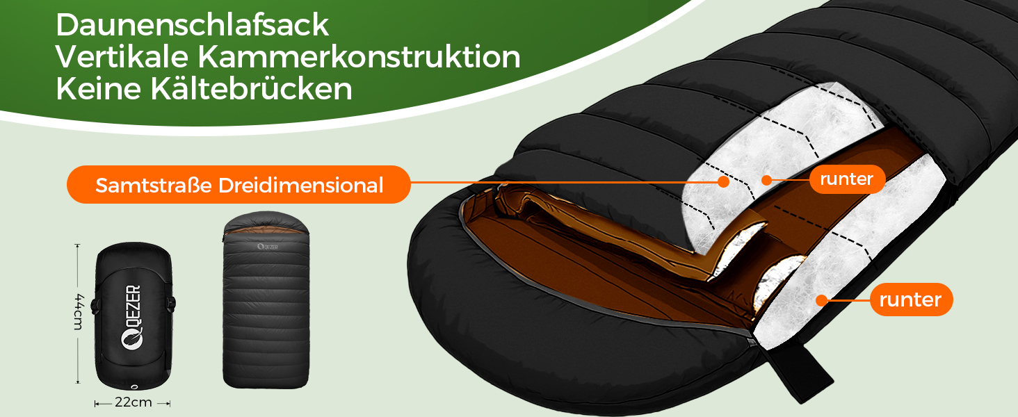 Спальний мішок XXL з пуху 3-4 сезони, 230x100 см, для дорослих, чорний, -3°C | Для кемпінгу, походів, рюкзаків