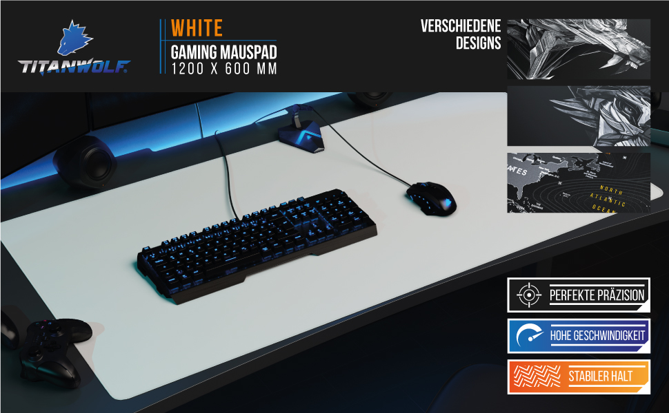 Ігровий килимок для миші CSL Titanwolf XXL 1200x600 мм, білий — великий килимок на стіл з принтом для геймерської миші та клавіатури