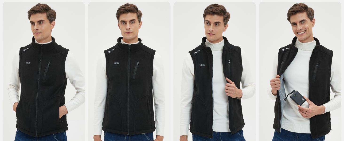 Тепла флісова жилетка Telguua з підігрівом для чоловіків з Powerbank 5V 10000mAh, 6 зон нагріву, 3 рівні температури, керування 2 зонами, для кемпінгу, піших прогулянок, сноубордингу, чорна