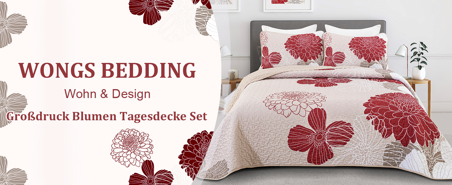Tagesdecke WONGS BEDDING 220x240 см з квітами, бургунді. М'яка літня ковдра з мікрофібри для двоспального ліжка, комплект з 2 наволочками 48x75 см