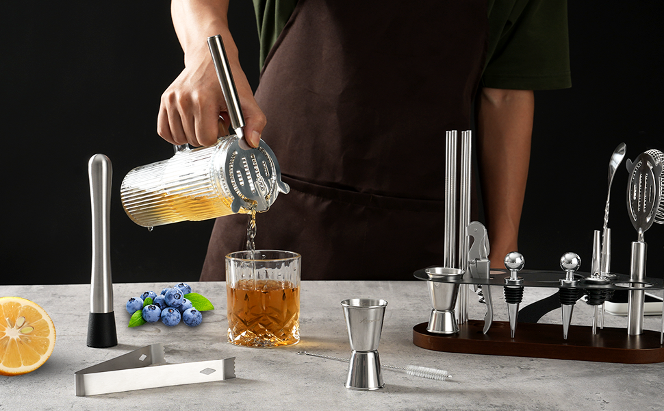 Набір бармена 23 предмети: шейкер, сито, ложка, мадлер, для дому, бару, вечірки | Набір для приготування коктейлів