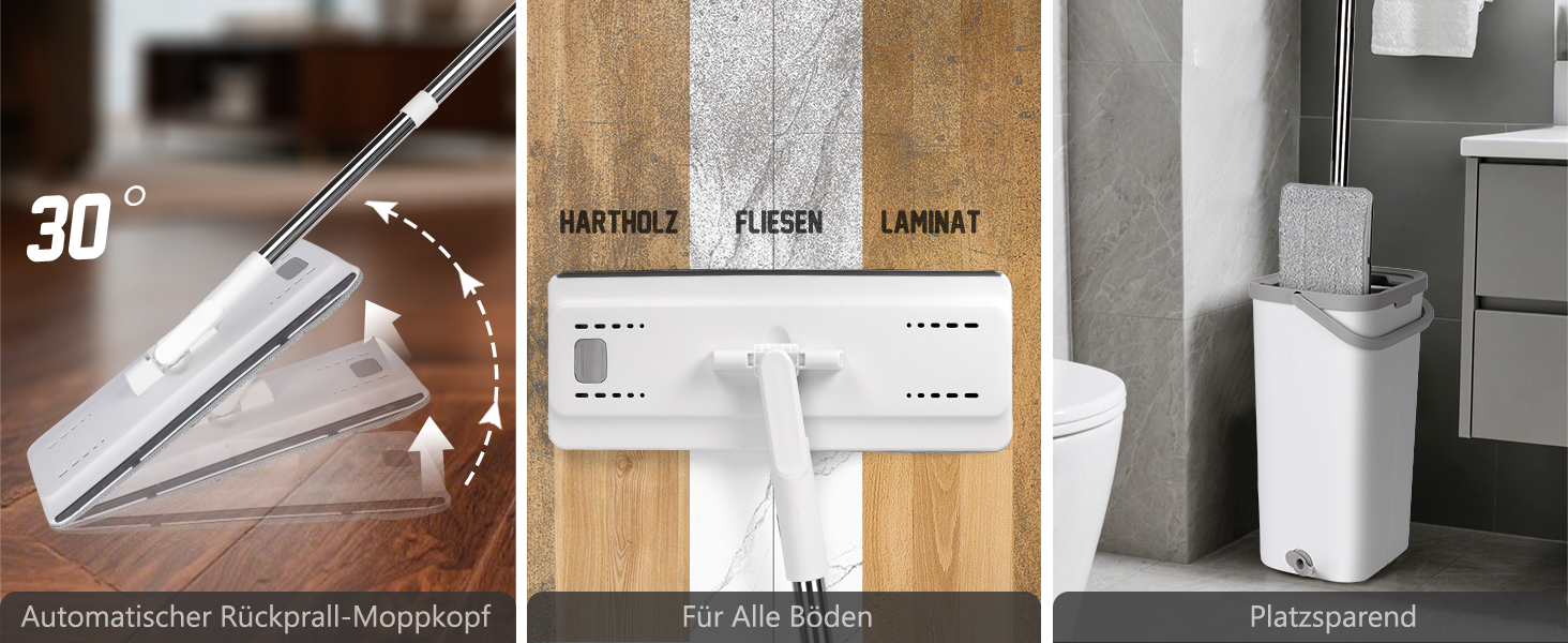 Набір для миття підлоги з відром, Masthome - компактний моп та відро з віджиманням, 3 мікрофібрових насадок та нержавіюча ручка, 2 в 1, для дерев'яних, плиточних та мармурових підлог (білий)