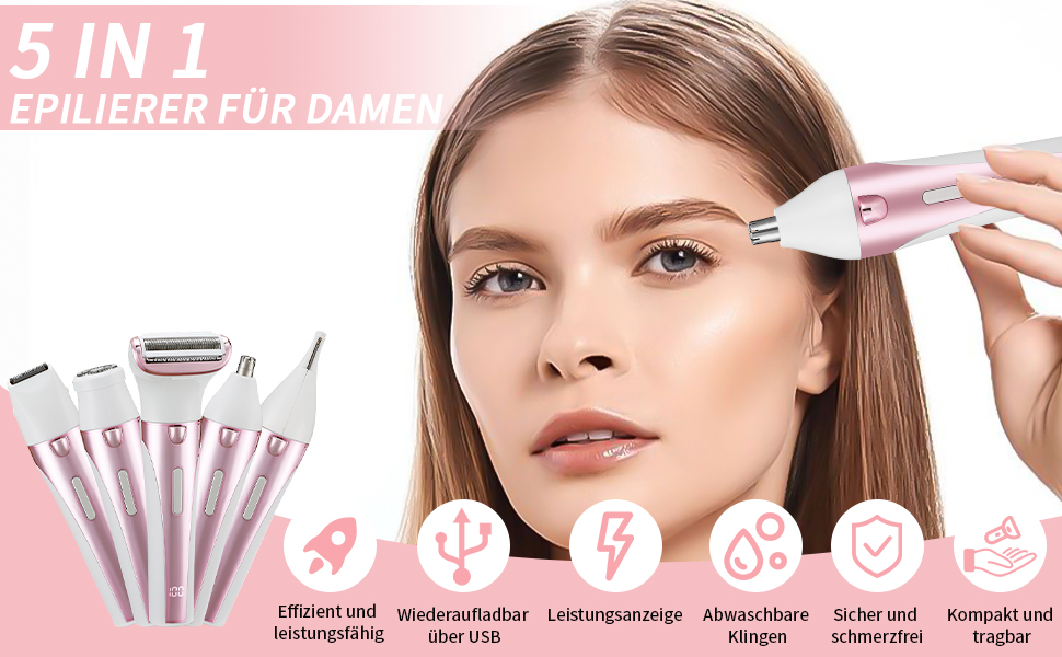 Електричний жіночий тример 5-в-1 для тіла, бікіні, брів та носа. З USB-станцією. Білий