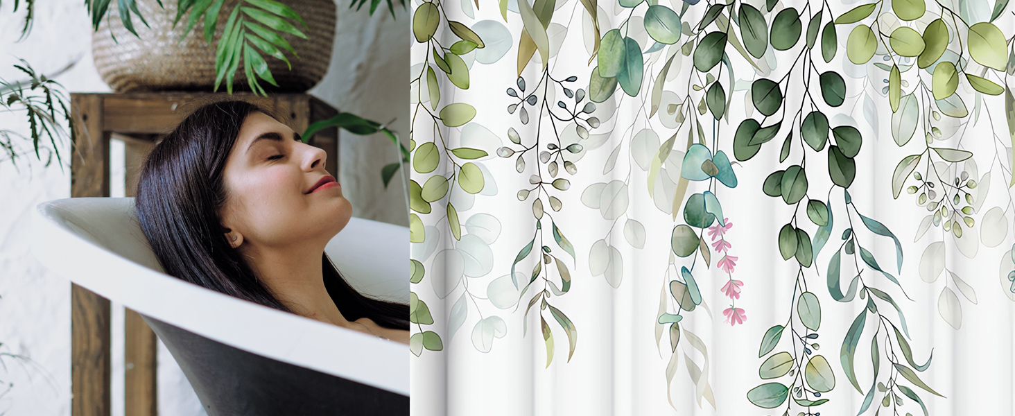 Штора для душу 200x200 см, зелені листя, антигрибкова, текстильна, водовідштовхувальна, пральна, поліестер, з кільцями (12 шт.) для ванної кімнати