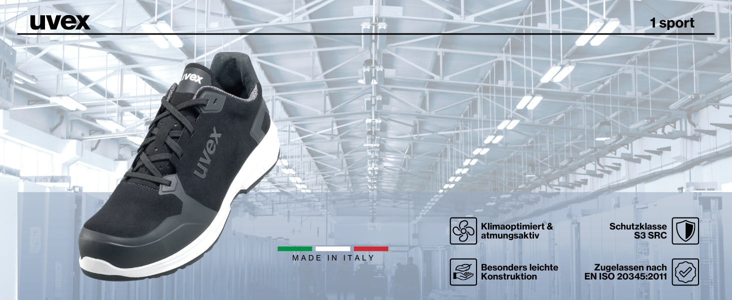 Робочі черевики Uvex 1 Sport S3L - Легкі, металонепроникні, антистатичні, неслизькі, з захистом від проколів, дихаючі, чорні 47 EU