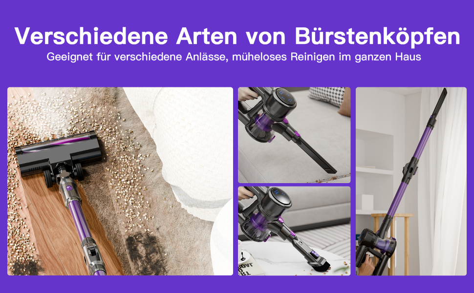 Бездротовий акумуляторний пилосос 28KPa з LED-дисплеєм, антинамотувальною щіткою та змінним акумулятором. Підходить для твердих поверхонь, килимів та видалення шерсті тварин (фіолетовий)