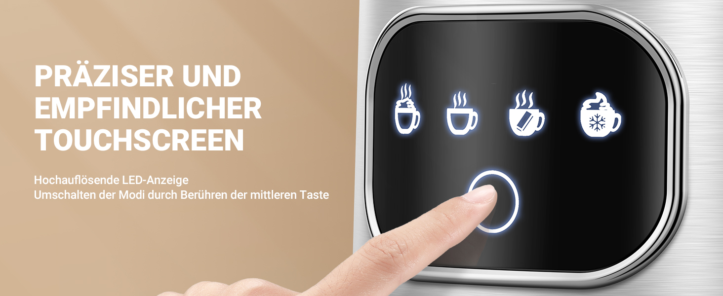 AMZCHEF Електричний піноутворювач молока з LED-touchscreen | Нержавіюча сталь | 3D-індукційний нагрів | Для лате, капучино та мокко | 550W, Срібний