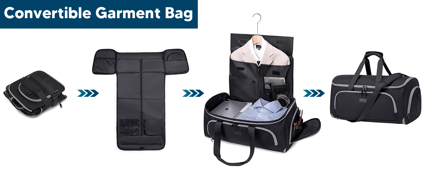 Suit Bag, Garment Bag Travel Duffel for Suits, Convertible Garment Duffel Bag for Men and Women, 4 in 1 Suit Bag Hanging Bag with Shoe Bag (Black)