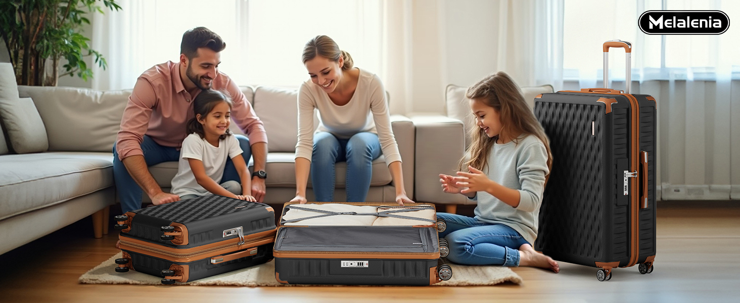 Набір валіз Melalenia 7шт з жорстким корпусом, легкий, на 4 колесах, з TSA-замком. Включає косметичку, сумку для подорожей та кулькову сумку. Чорний колір.