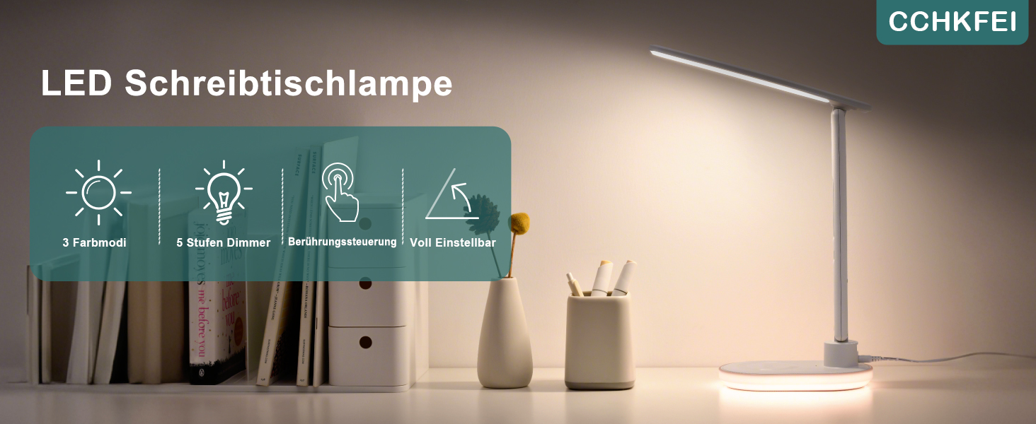 Настільна лампа CCHKFEI з регулюванням, годинником, LED-дисплеєм, бездротовим зарядним пристроєм 10W та USB-портом, 3 режими кольору, датчиком температури та RGB-підсвічуванням для читання, дому та офісу