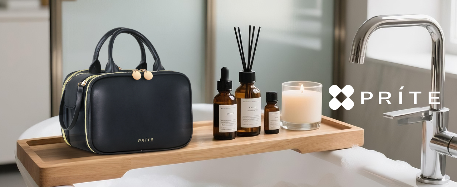Косметичка для макіяжу Prite з великою місткістю, водонепроникна, з ручкою та кількома відділеннями, бежево-коричнева