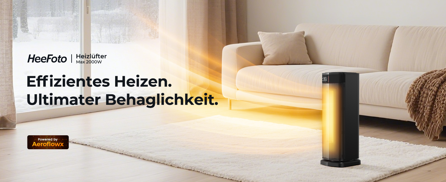 Електричний обігрівач 2000W з економічним споживанням, тихий, з таймером 24 години, осциляція 90°, захист від перекидання та перегріву, чорний