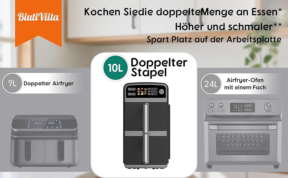 Фритюрниця повітряна подвійна 10L з 2 відсіками | 2400W, 9 програм, таймер, економія енергії, миється в посудомийній машині, сірий колір