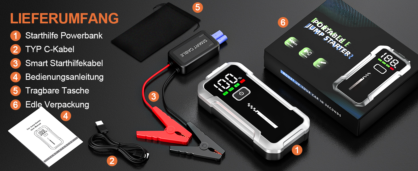 Портативний акумулятор Starthilfe для автомобіля 7000A: Запуск 12V авто, SUV, мотоцикла, газонокосарки. LED дисплей, чорний