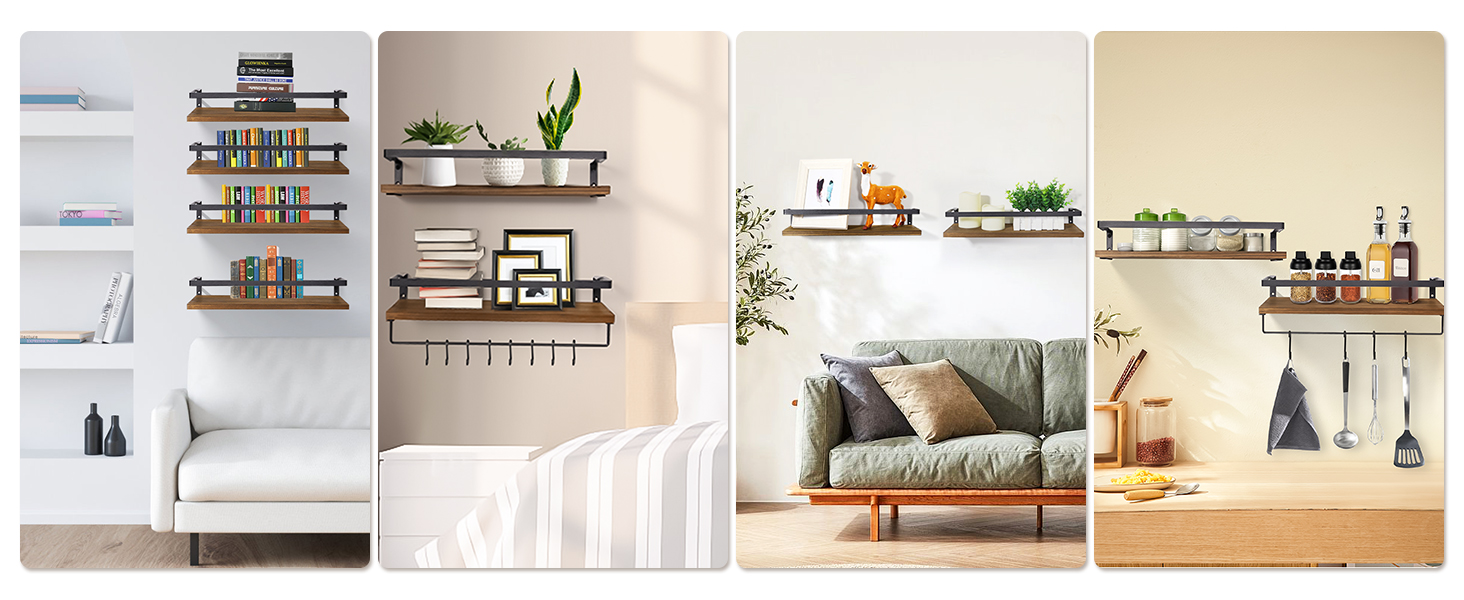 Настінні полиці AGM Wandregal 2 шт. з тримачем для рушників, дерев'яні, для ванної, кухні, вітальні, офісу, спальні (Темно-коричневий з гачками)