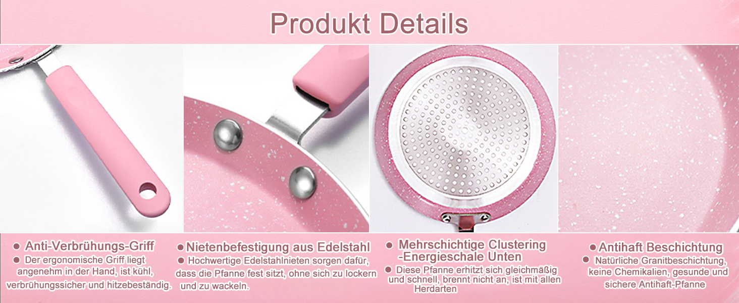 Набір сковорідок Maxspace 3 шт. з антипригарним покриттям, 18, 22, 26 см, для всіх типів плит, рожевий