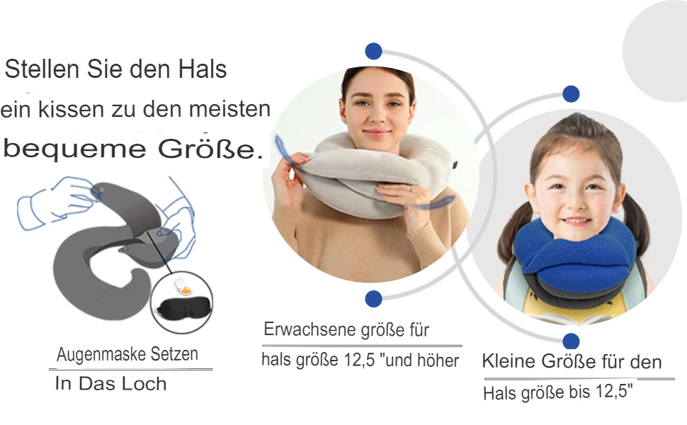 Подушка для шиї BUYUE для подорожей, 360° підтримка голови, сон у дорозі, комплект з маскою для очей, навушниками та чохлом (для дорослих, сіра, до 45 кг)