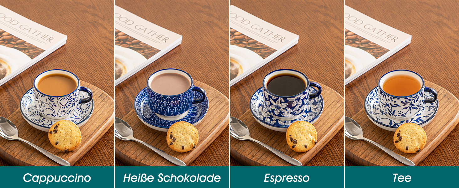 Набір чашок для еспресо Vancasso Selene, 4 шт. - порцелянові чашки з блюдцем та підставкою для капучино, лате, чаю (9.6 x 5.6 см)