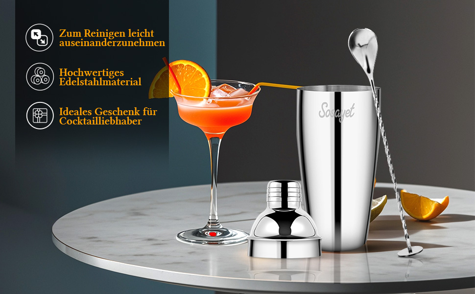 Набір шейкер для коктейлів Sosayet, нержавіюча сталь, аксесуари, рецепти, 750 мл, для початківців та професіоналів, подарунок для чоловіків (3 шт.)