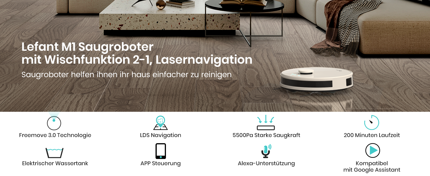 Робот-пилосос LEFANT M2Plus з функцією миття, 6000Pa, LiDAR-навігація, самоочищення, ідеальний для шерсті тварин, білий (M1-C)