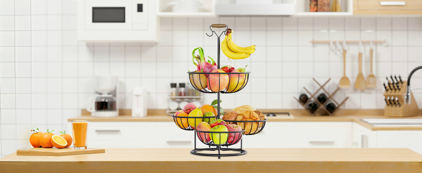Багатоярусна фруктова корзина PouHenier.jh 5 ярусів, чорна, для фруктів та овочів з підставкою для бананів