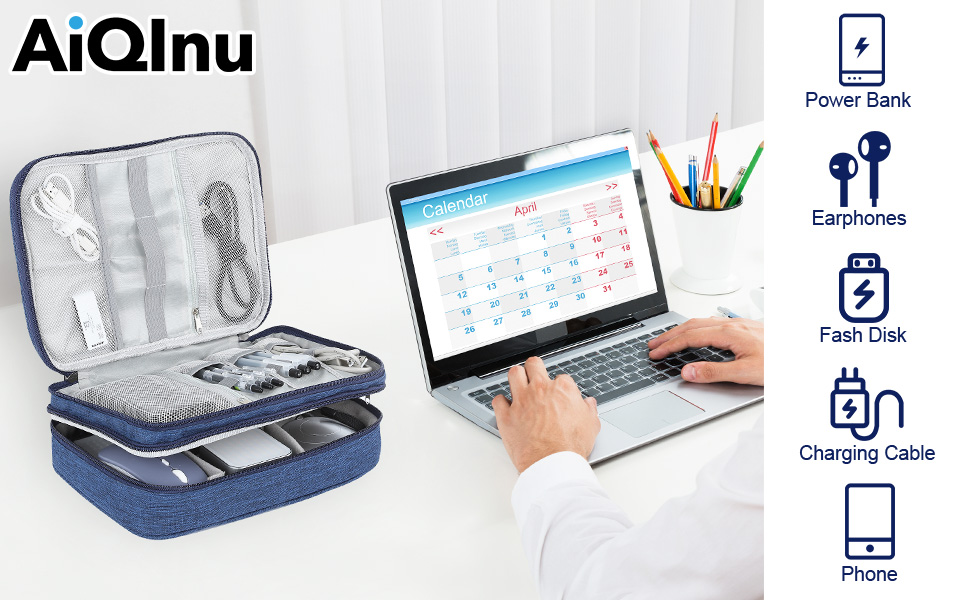 Органайзер для кабелів AiQInu: універсальна дорожня сумка-кубик, 3 шари, водонепроникний, для кабелів, powerbank, USB, SD карт (темно-синій)