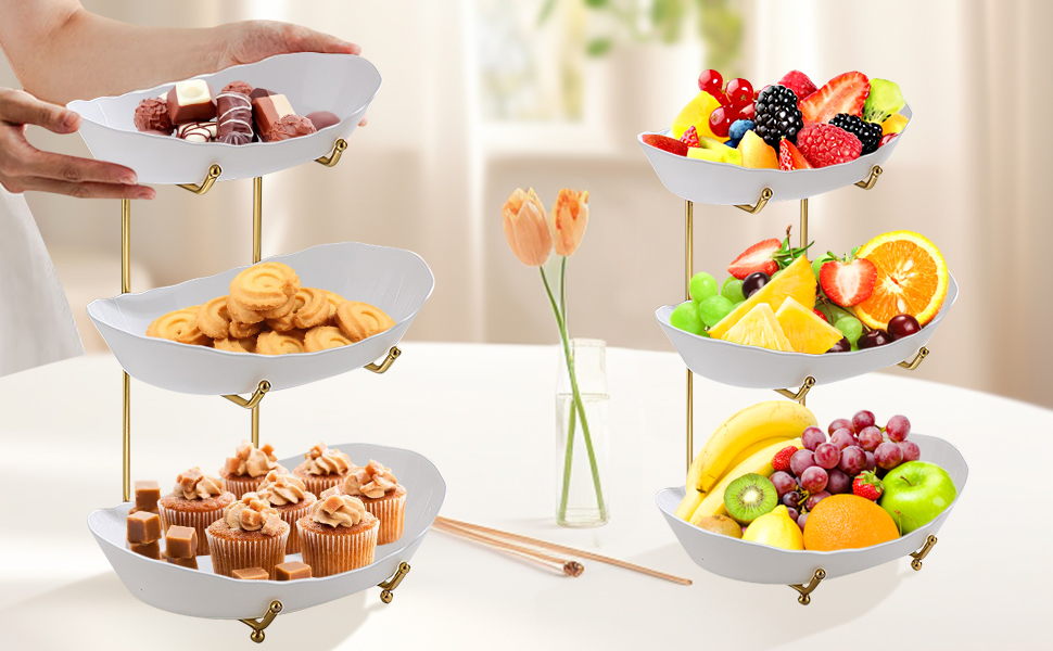 Стійка для фруктів та овочів JurciCat з 3 ярусами, золотий металевий каркас, білі пластикові миски