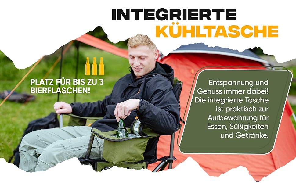 Складний туристичний стілець ADELKAMP з товстим м'яким сидінням, висока вантажопідйомність 150 кг, з сумкою-холодильником та тримачем для напоїв – переможець тесту 2024, преміум-якість, оливковий колір