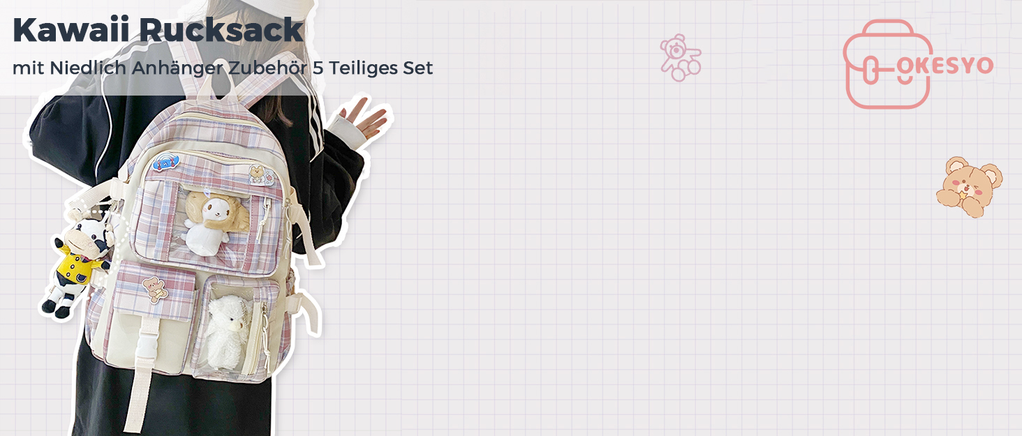 Яскравий рюкзак з милим аксесуаром, 5-ти частинний набір, великий рюкзак у стилі Харадзюку, трендовий рюкзак для школи, коледжу, подорожей, з нашивками, для дівчат, блакитний