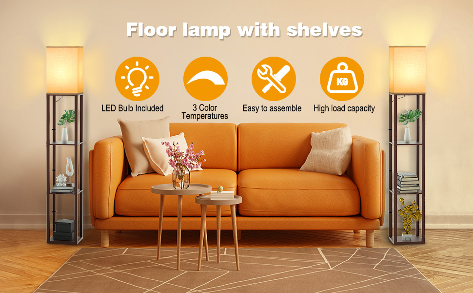 Світлодіодна торшер з дерева, 1.6м, з цоколюванням E27 (3000K-5000K), ретро торшер з 3 полицями, 3 колірні температури, настільна лампа з абажуром для спальні, кута, вітальні, офісу (коричневий)