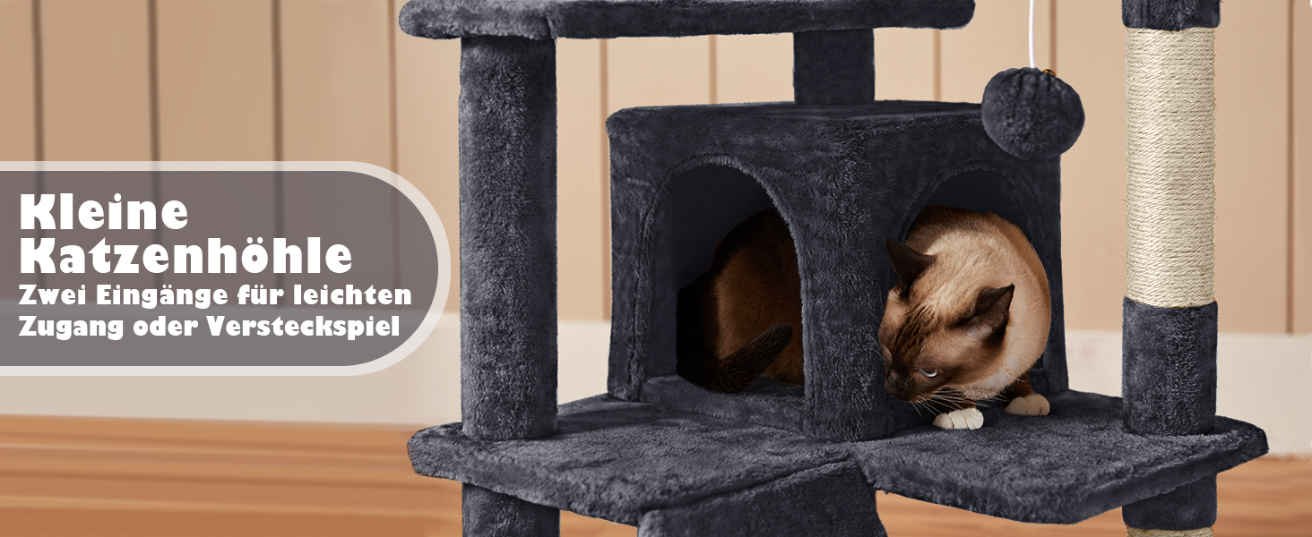 Кігтеточка-кольоротка Yaheetech 139 см, стабільна з 3 платформами, 3 стовпчиками, 2 печерами, плюшеві кульки, чорний колір