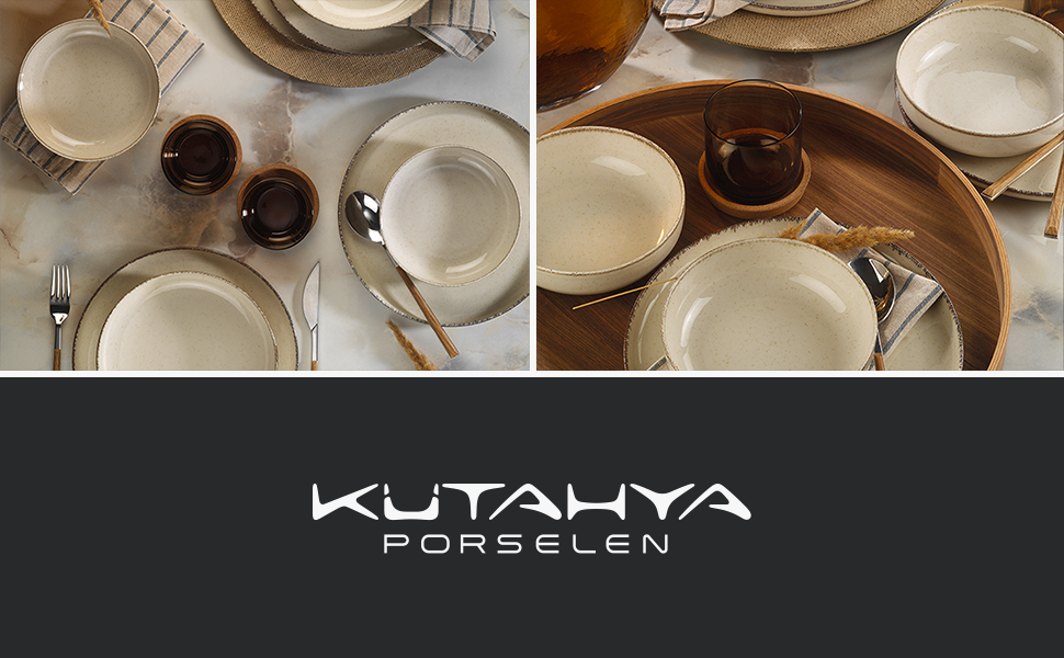 Сервіз Kutahya Porselen на 12 частин для 4 осіб: сучасний порцеляновий посуд кольору кориці. Включає: тарілки, супові тарілки та миски. Можна мити в посудомийній машині. Елегантний дизайн для щоденного використання та гостей.