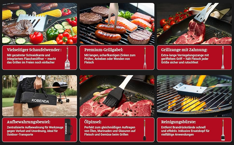 Набір гриля KOBENDA 7 предметів з нержавіючої сталі з чохлом, професійний BBQ аксесуар, ідеальний подарунок для чоловіків