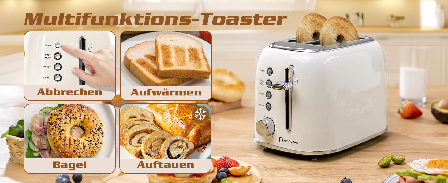 Тостер Aigostar 2-х секційний, Ретро, Кремовий, 800W, 6 рівнів підсмажування, Функції: Bagel, розморожування, підігрів, відміна