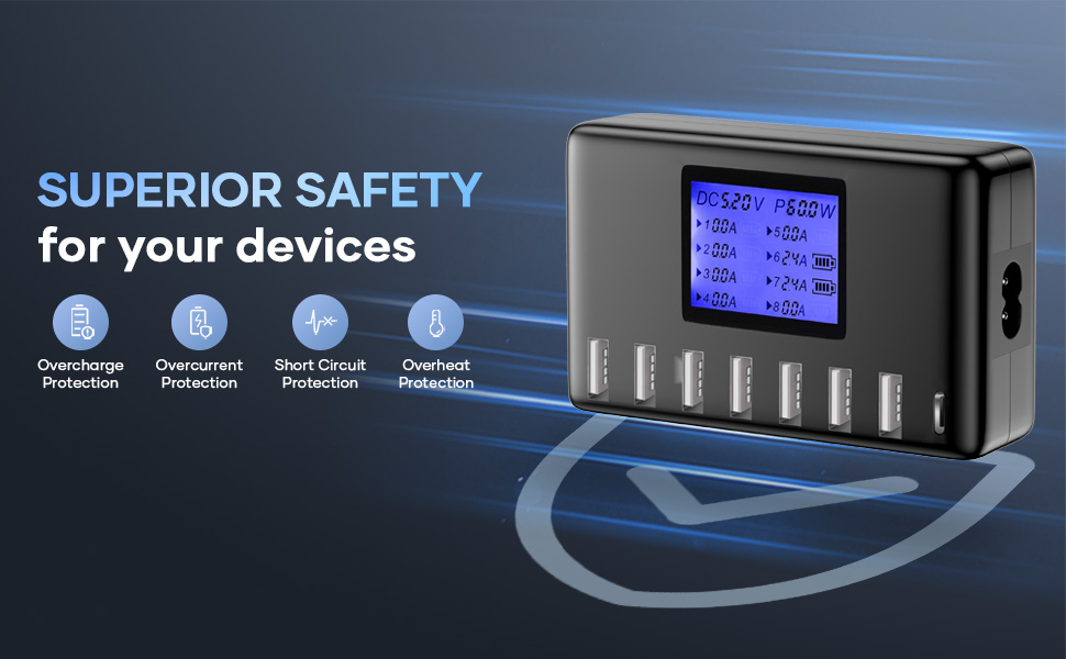 Зарядний пристрій USB 60W, 8 портів, з LCD дисплеєм, USB-C Hub для iPhone, iPad, Android, Samsung, Huawei, Kindle - Чорний
