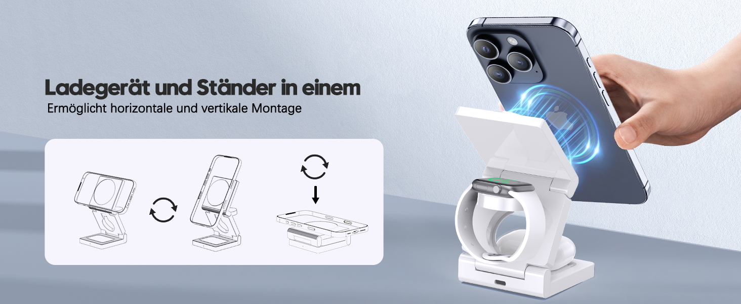 3-в-1 Бездротова зарядка з підтримкою MagSafe для iPhone, Apple Watch та AirPods (біла)