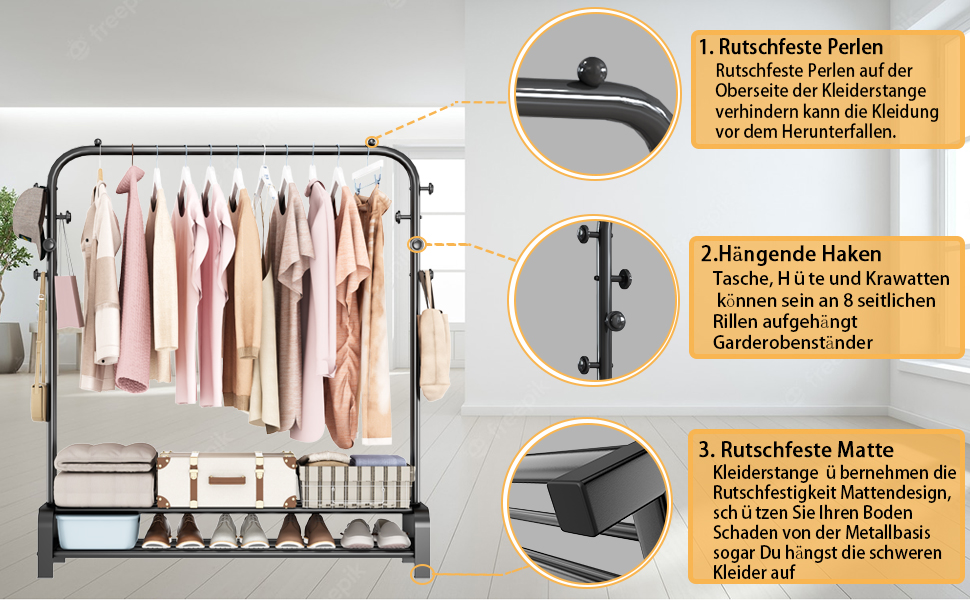 Clothes Rack, Coat Rack Stable Clothes Rail with 6 Hooks and 2 Shoe Shelf Storage Shelf, Bedroom Clothes Rack Freestanding Clothes Rail, Black