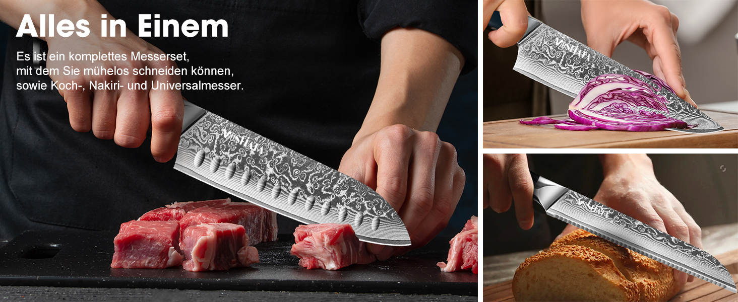 MOSFiATA 8-Inch Damascus Steel Chef's Knife Set - Japanese Kitchen Knives with Sharp Edge, Finger Guard & Sharpener - Professional Meat & Vegetable Knife Set (5-Piece)