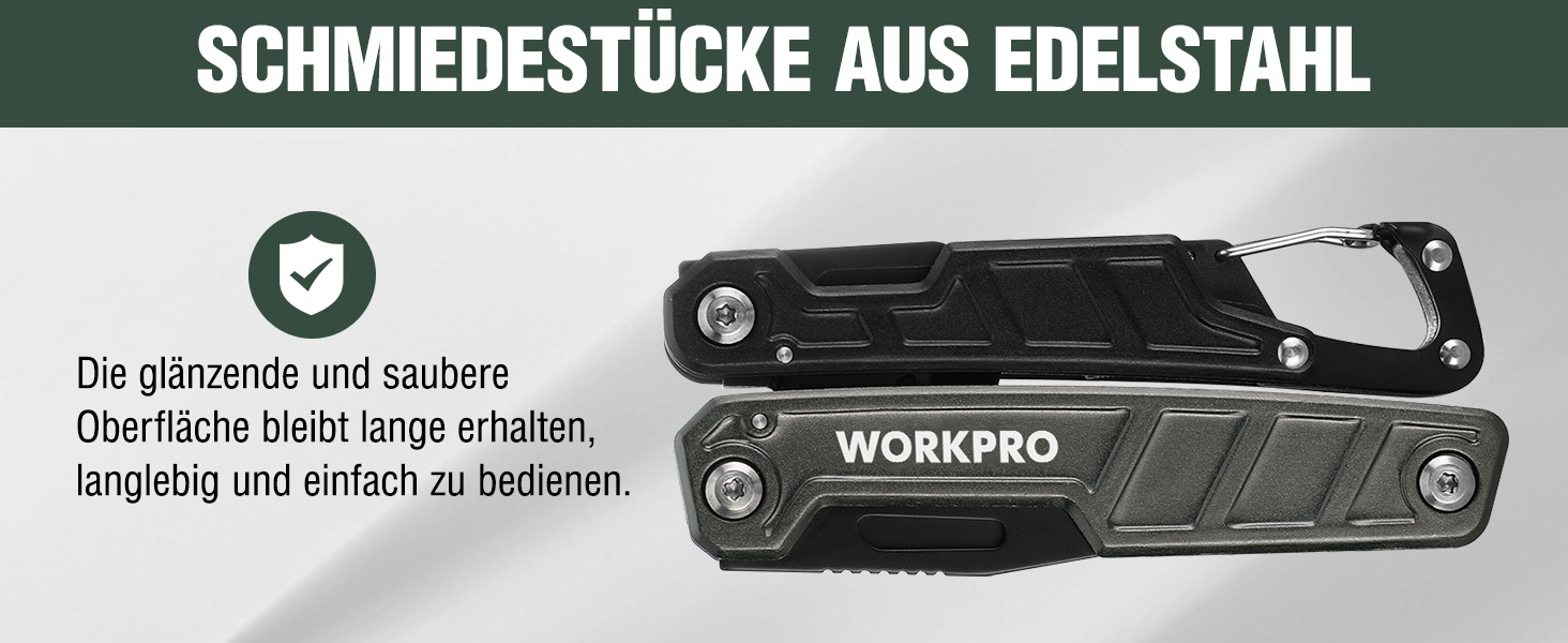 WORKPRO Мультитул 11-в-1: мультиінструмент з нержавіючої сталі з карабіном, плоскогубцями, кабелерізом, відкривачкою для пляшок, викрутками для відпочинку на природі. У комплекті чохол.