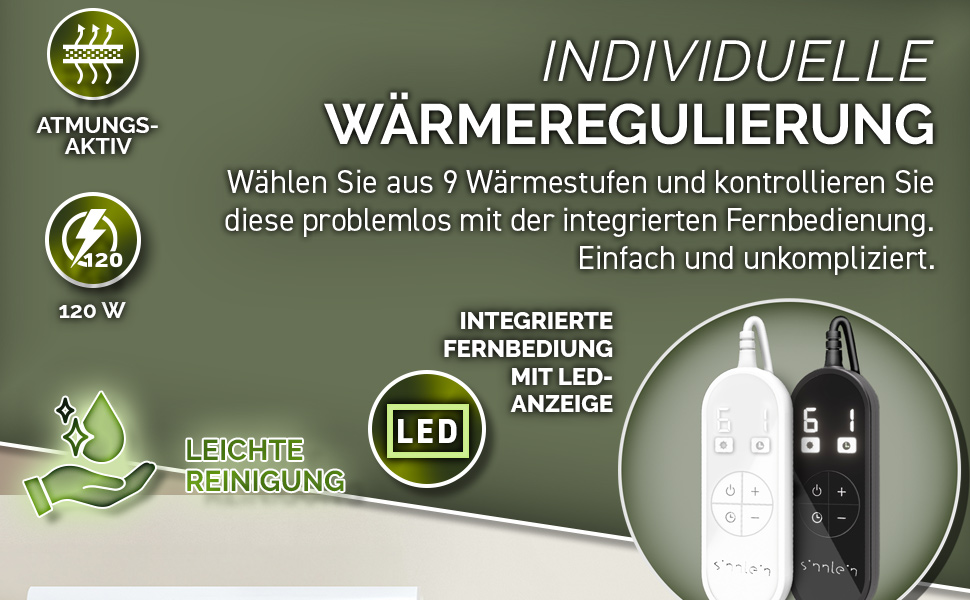 Електрична ковдра Sinnlein® з автовимкненням 160 x 120 см | 9 температурних режимів | Ковдра для ліжка та дивана | Таймер, цифрова панель керування (180x130 см, світло-сіра)