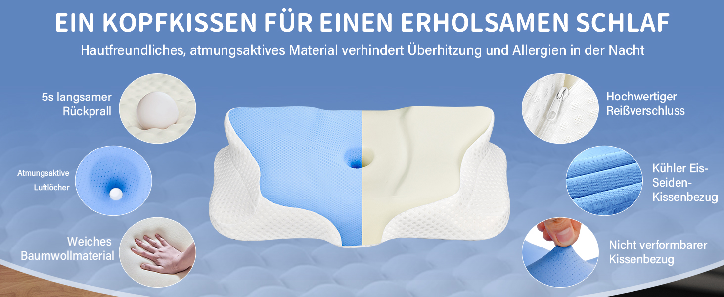 Подушка для шиї Ehomfory з Memory Foam, ергономічна подушка для сну на боці, спині та животі, 62x41x9/12 см, сіро-білий (блакитний)