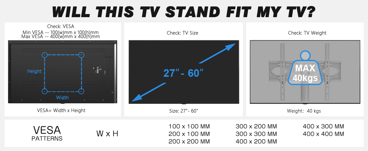 Rolling TV Stand with Wheels - Adjustable Height Mobile TV Trolley for 27-60 inch TVs - VESA 400x400 - 40kg Capacity - White