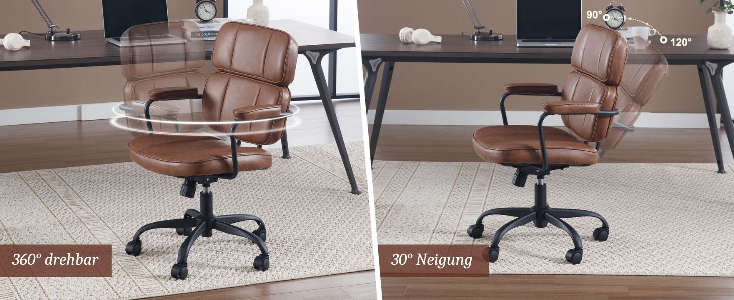 Офісний крісло з штучної шкіри, 360° обертання, регульована висота, ергономічний комп'ютерний стілець з підлокітниками для робочого кабінету/офісу/вітальні, Колір: Коричневий