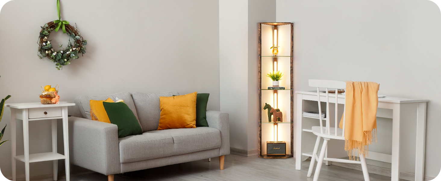 Стійка лампа EDISHINE з 4 полицями з дерева, LED диммер, 3 кольори світла, поворотний світловий маніпулятор, підсвічування полиць, регулювання яскравості, футовий вимикач, для вітальні (Вінтаж-коричневий+скло)