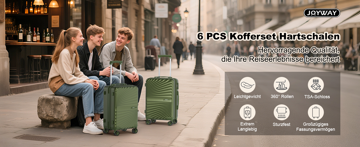 Набір валіз Joyway 6шт з жорстким корпусом, легкий, з 4 колесами та TSA-замком. Включає багатофункціональну сумку та косметичку. Колір: зелений