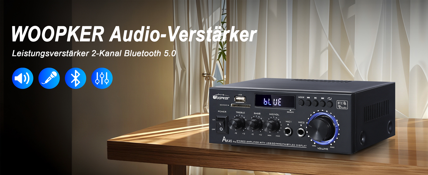 AK45 Pro HiFi підсилювач WOOPKER Mini, 500Вт, 2-канальний, Bluetooth, HiFi стерео з FM-радіо, USB, SD, RCA, MIC, аудіо ресивер для дому та авто